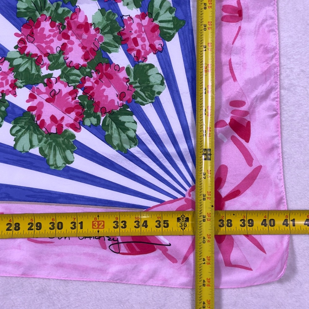 Vtg Carleton Varney 41" Scarf Pink Floral Geranium Blue Resortwear Regencycore - Picture 9 of 9